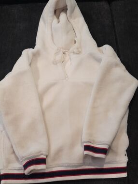 UGG White Hooded Zip-Up Fleece Sweater with Navy & Red Trim